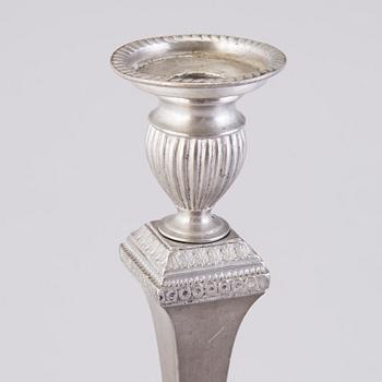 A PAIR OF SWEDISH PEWTER CANDLESTICKS.