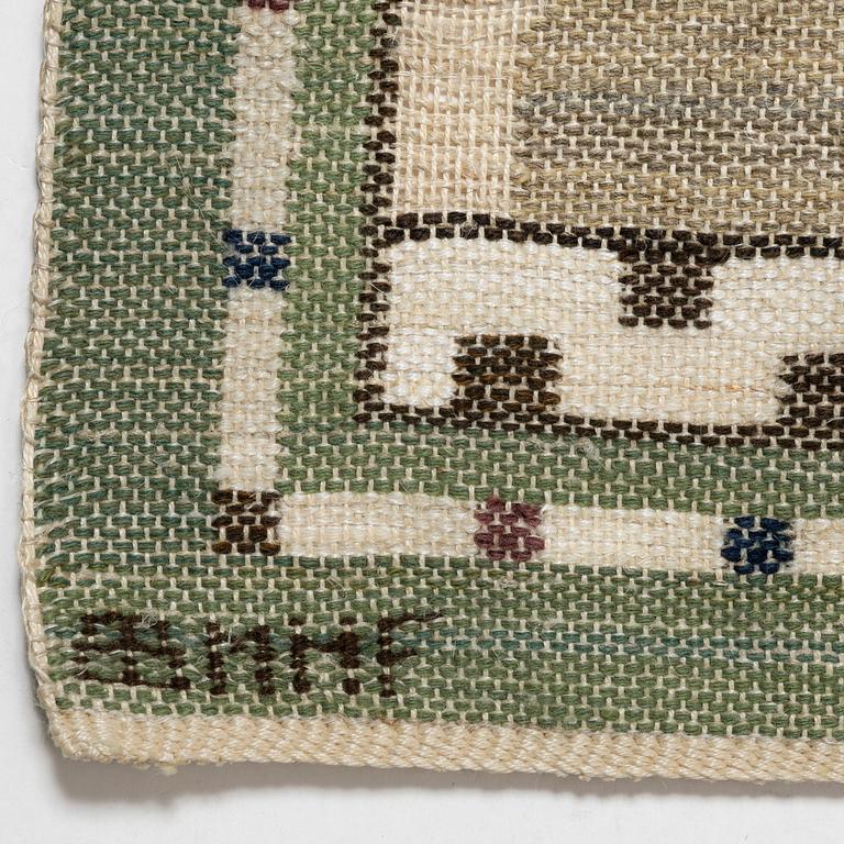 Märta Måås-Fjetterström, vävnad, "Sköldpaddan", inplock på linnebotten, signerad AB MMF, ca 66 x 37 cm.