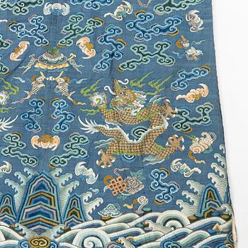 A five clawed dragon kesi robe on blue ground, Jifu, Qing dynasty, 19th century.