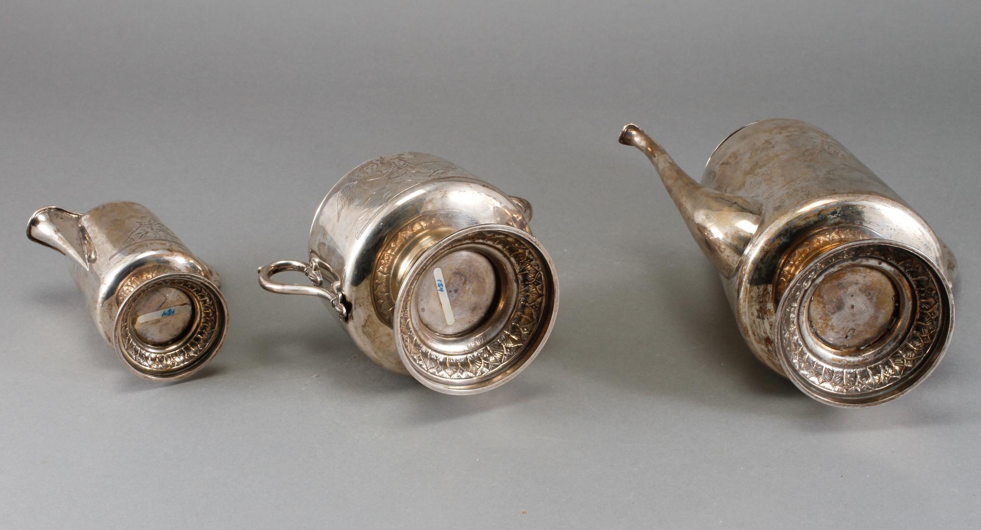 KAFFESERVIS, 3 delar, silver, Nils August Malmqvist, Malmö, 1884, total vikt ca 1310 g.