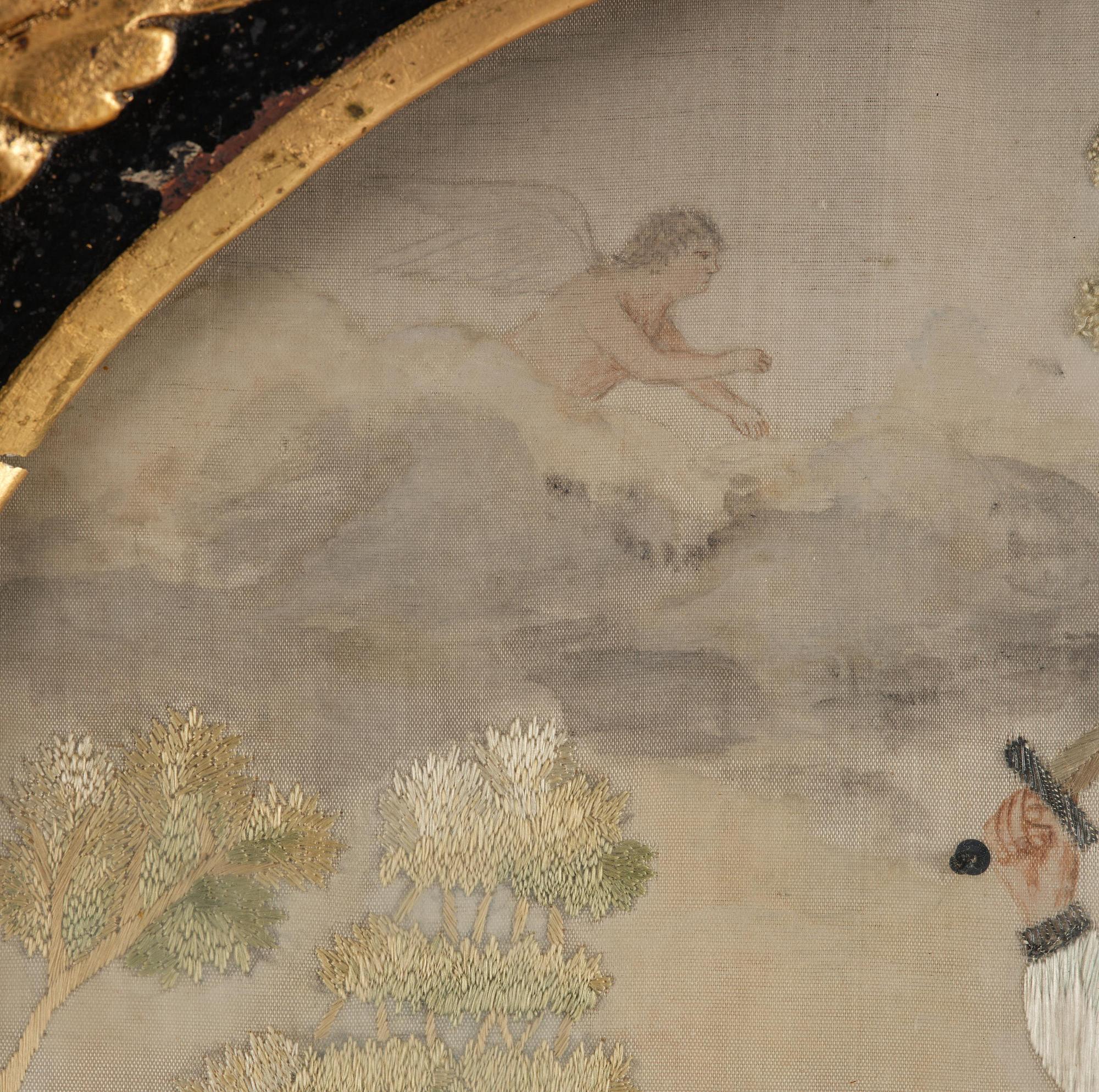 A late Gustavian frame and silk embroidery, dated 1802.