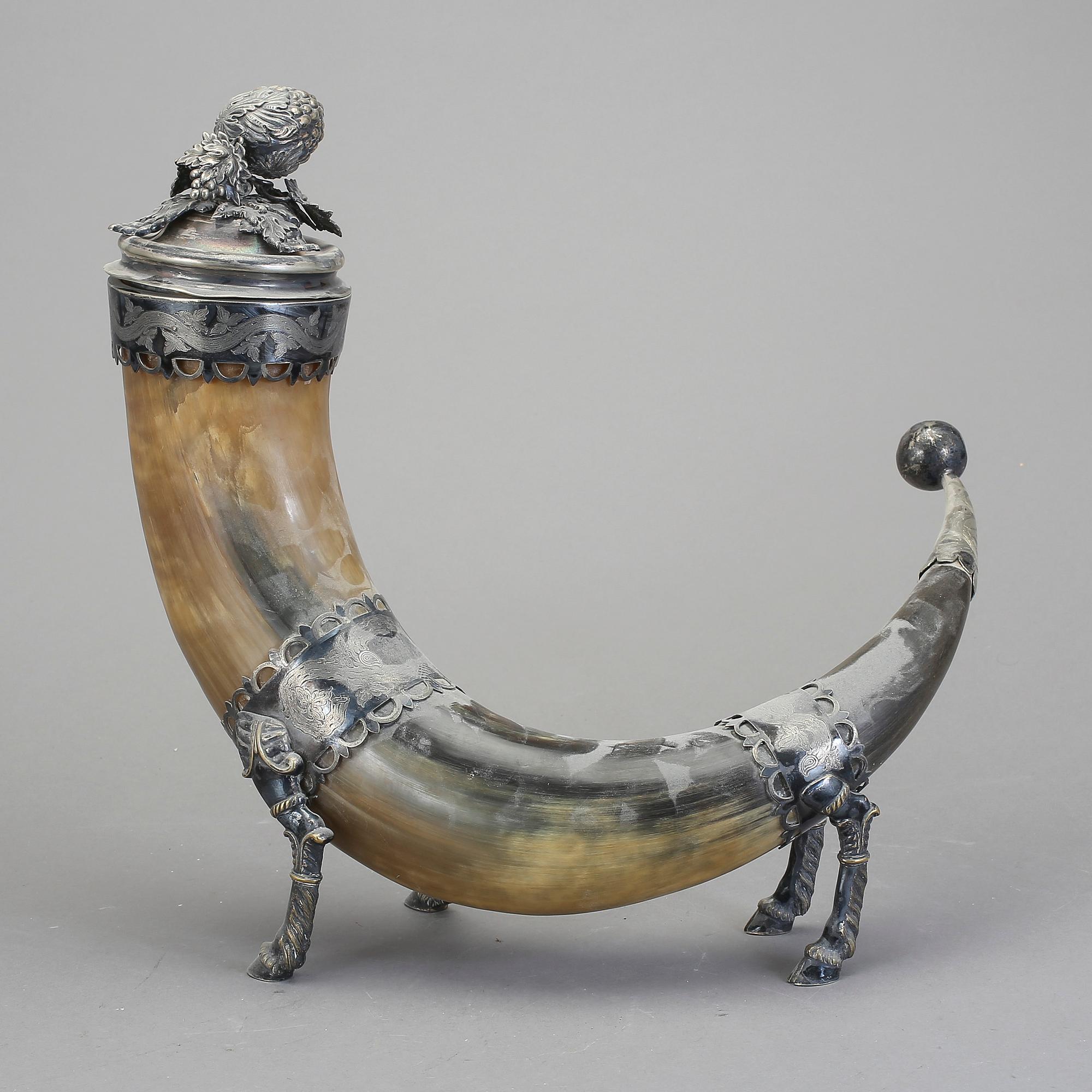 DRYCKESHORN, horn, nysilver, oidentifierad tillverkarstämpel, Stockholm, sent 1800-tal.