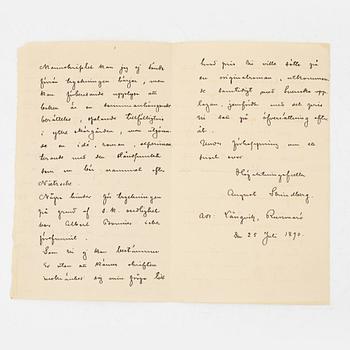 Egenhändigt brev av Strindberg om ”I Havsbandet”, 1890.
