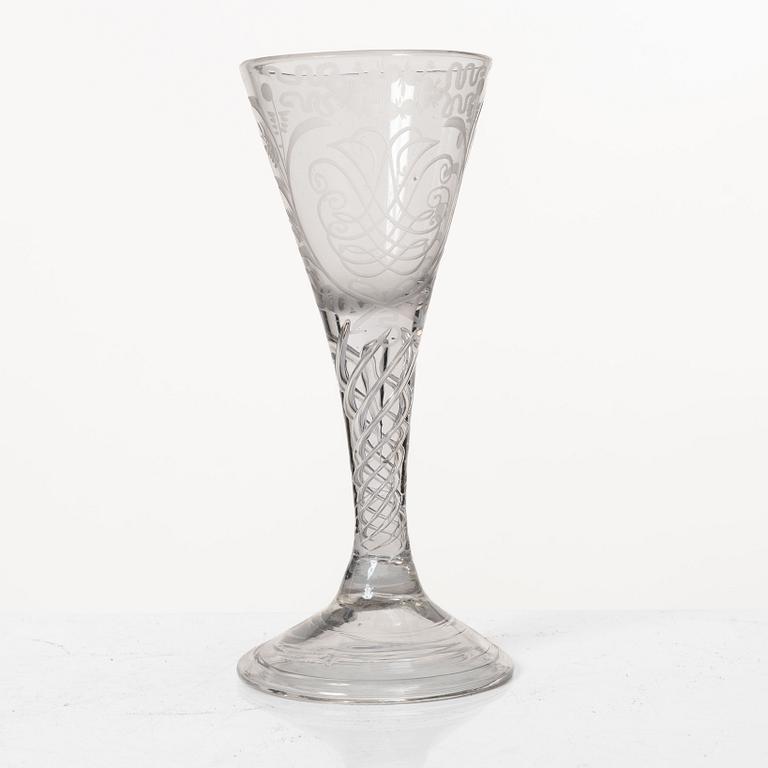 Three spiral-stemmed glasses, 18th Century.