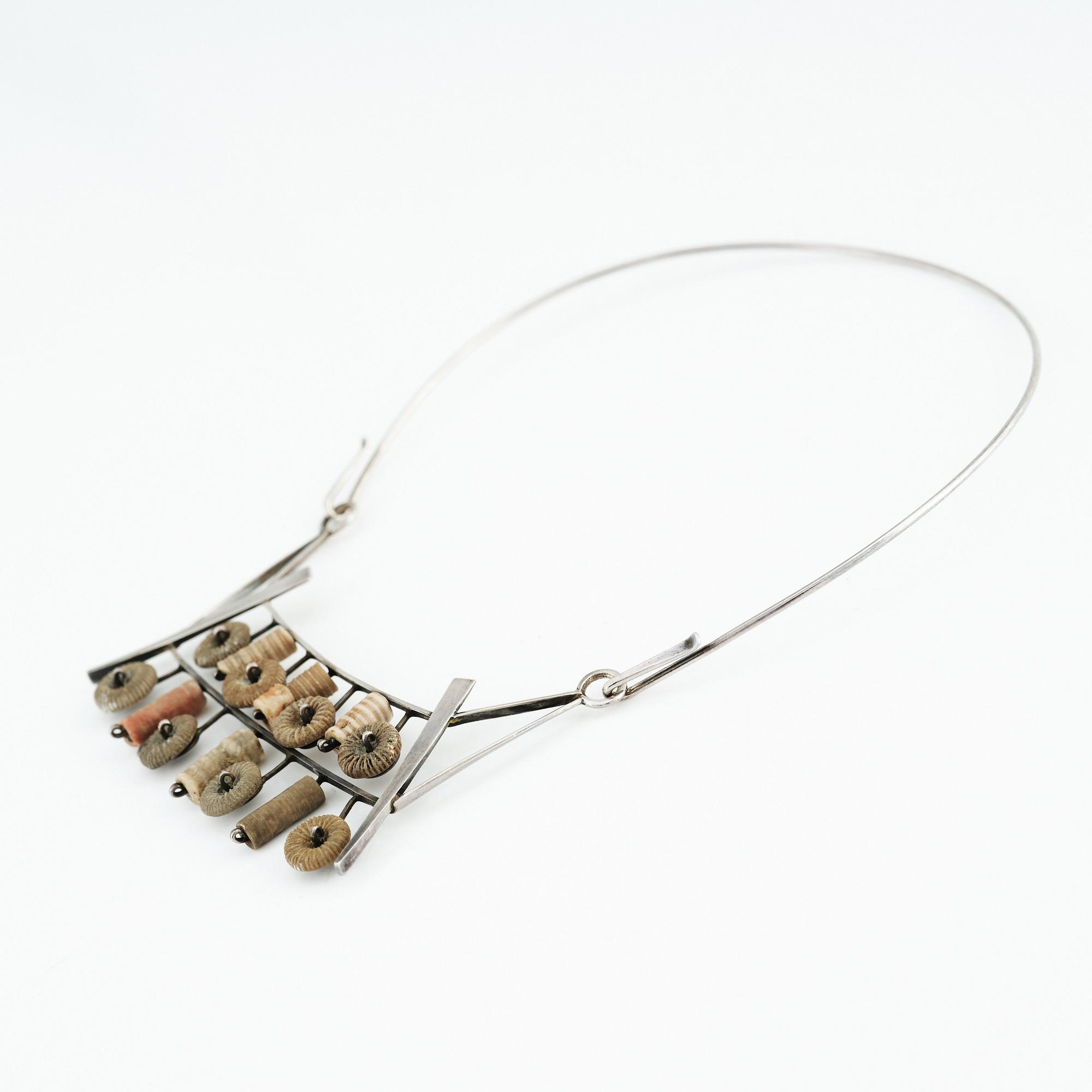 Inga-Britt "Ibe" Dahlquist, a sterling silver necklace, brooch (Olof Barve), earrings and a bangle executed in her own studio Malmö 1958-1959.