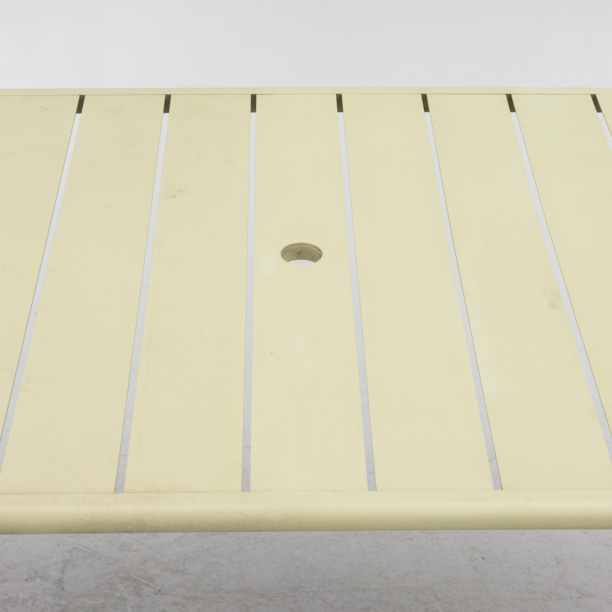 Frédéric Sofia, a table and two chairs for outdoor use, "Luxembourg" Fermob, France, 21st century.