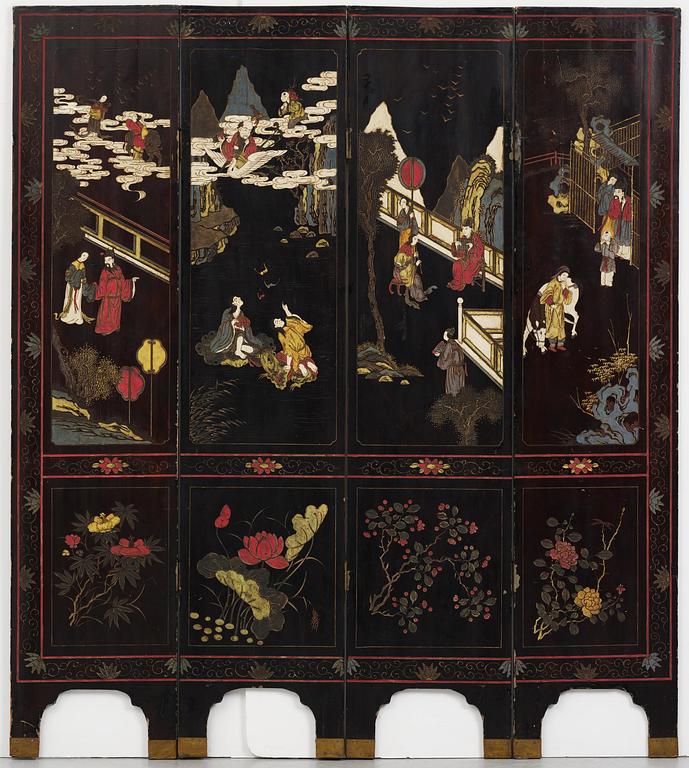 A Chinese four panel lacquer folding screen, first part of the 20th century.