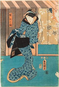 TOYOKUNI III (1786-1865), two color woodblock prints, Japan.