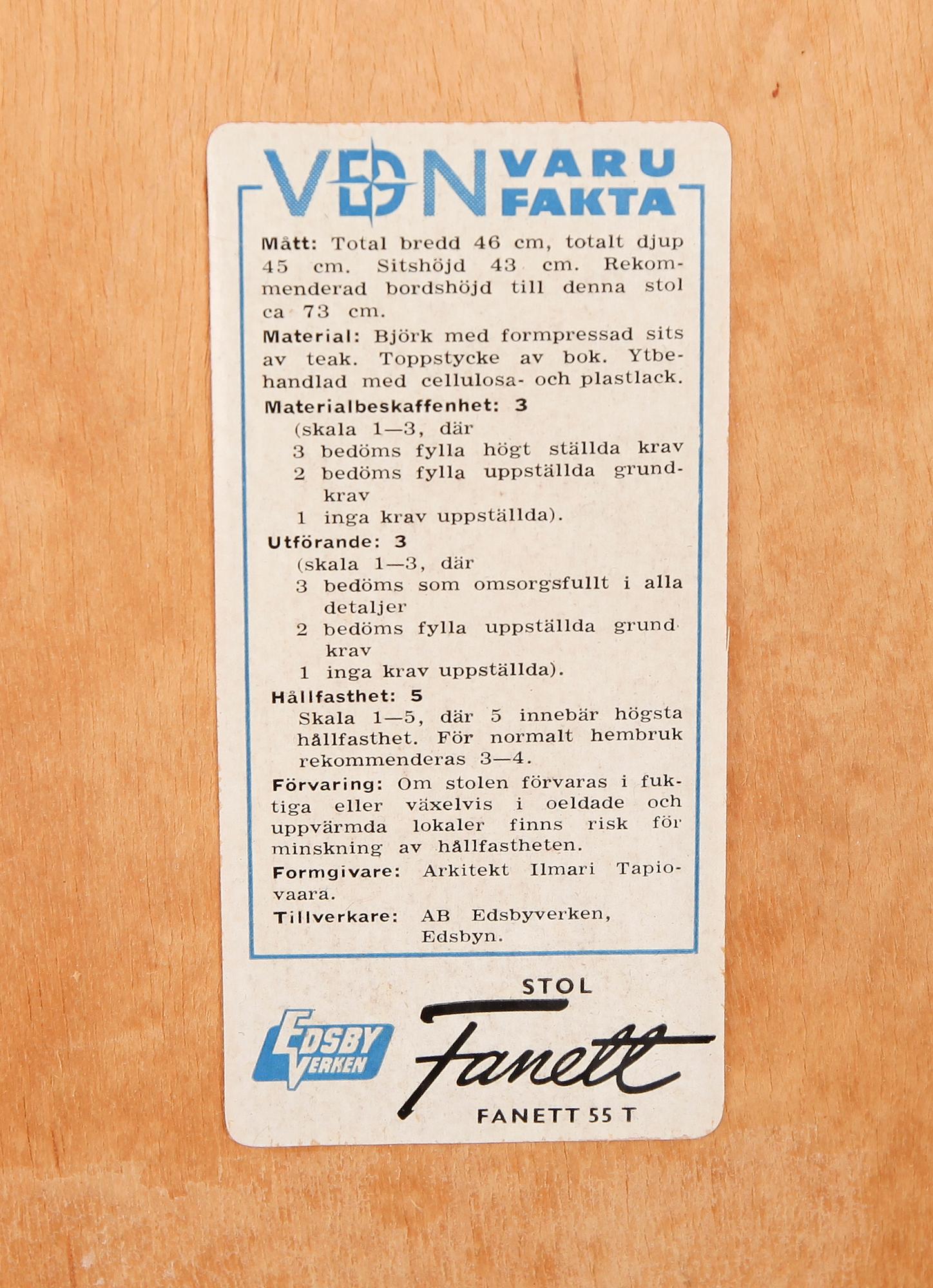 STOLAR, 1 par, "Fanett", Tapiovaara, Edsbyverken.