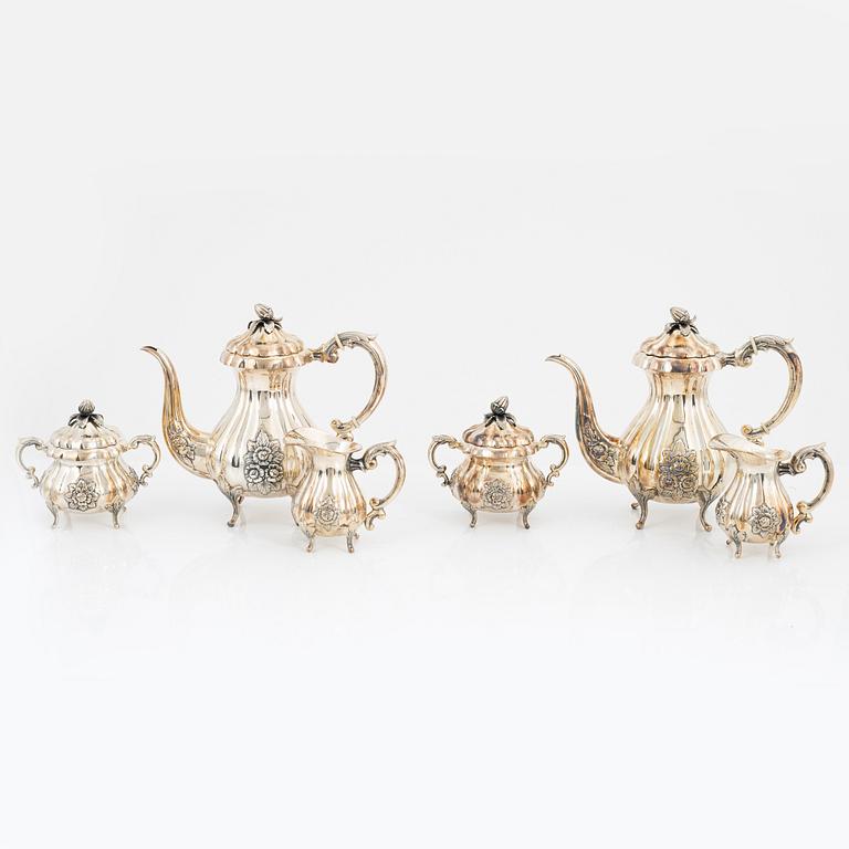 Kaffeservis, 6 delar, silver, rokokostil, svenska importstämplar, 1900-tal.