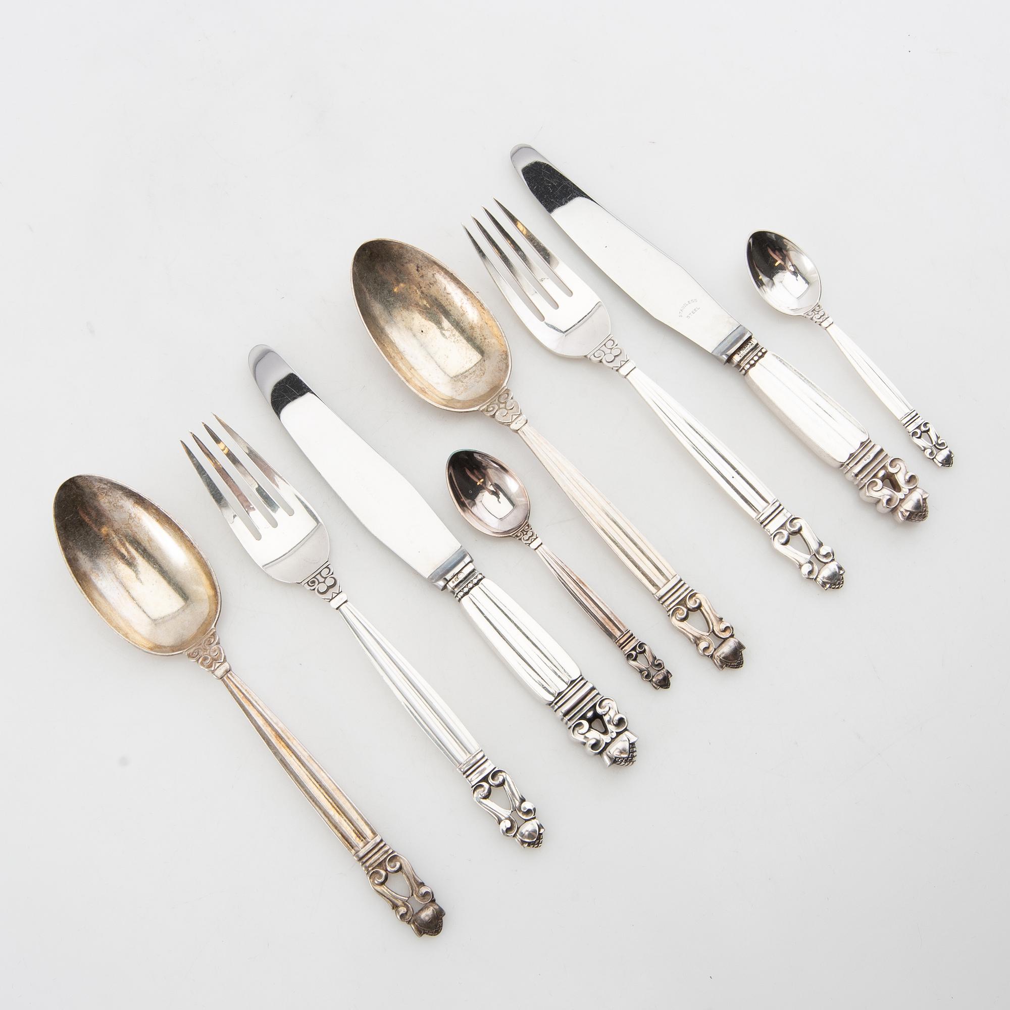 Johan Rohde, bestick  38 dlr "Konge/Achorn" sterlingsilver för Georg Jensen efter 1945.