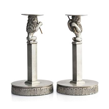 248. Anna Petrus, a pair of pewter and brass candlesticks, Herman Bergman's foundry, Stockholm, Swedish Grace, early 1920s.
