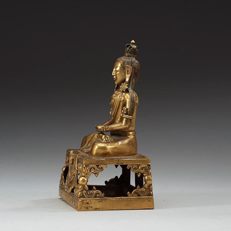 A gilt bronze figure of Amitayus, Qing dynasty with Qianlong mark and period, dating corresponding to 1780.