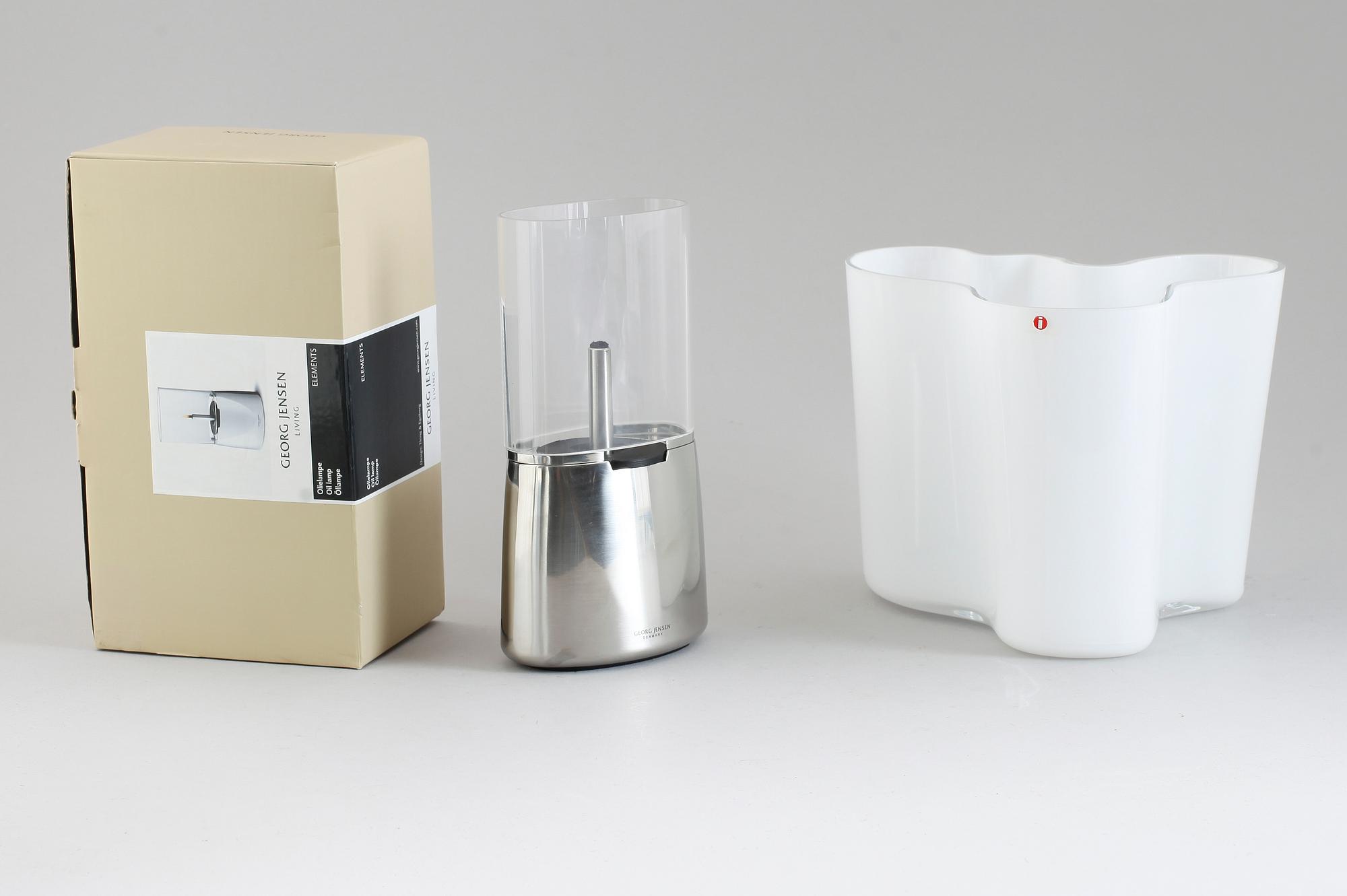 OLJELAMPA OCH VAS, glas, "Elements" Georg Jensen resp Iittala.