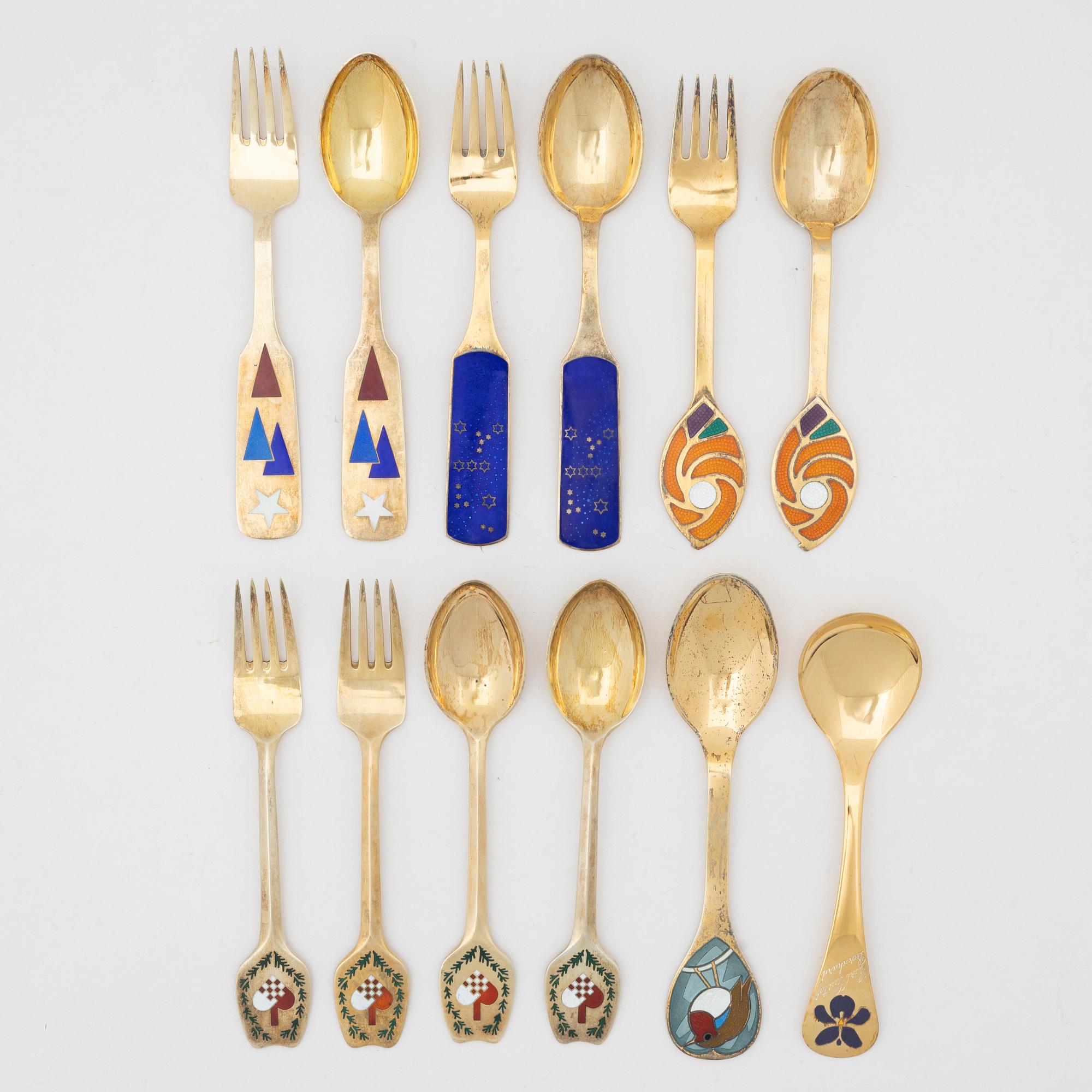 Danish Christmas cutlery/annual cutlery, 12 pieces, gilded sterling silver and enamel, Anton Michelsen and Georg Jensen,