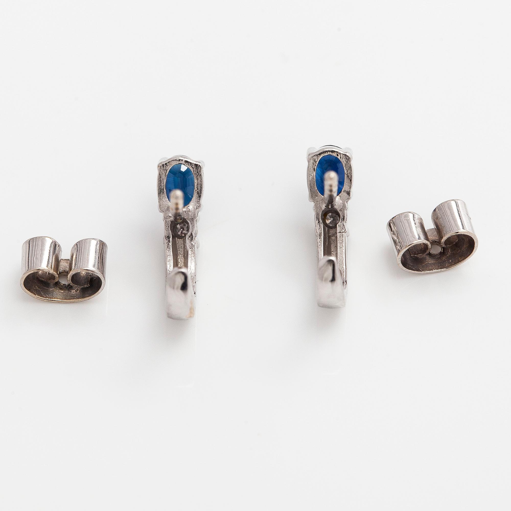 Earrings, faceted sapphires, small diamonds, 14K white gold.