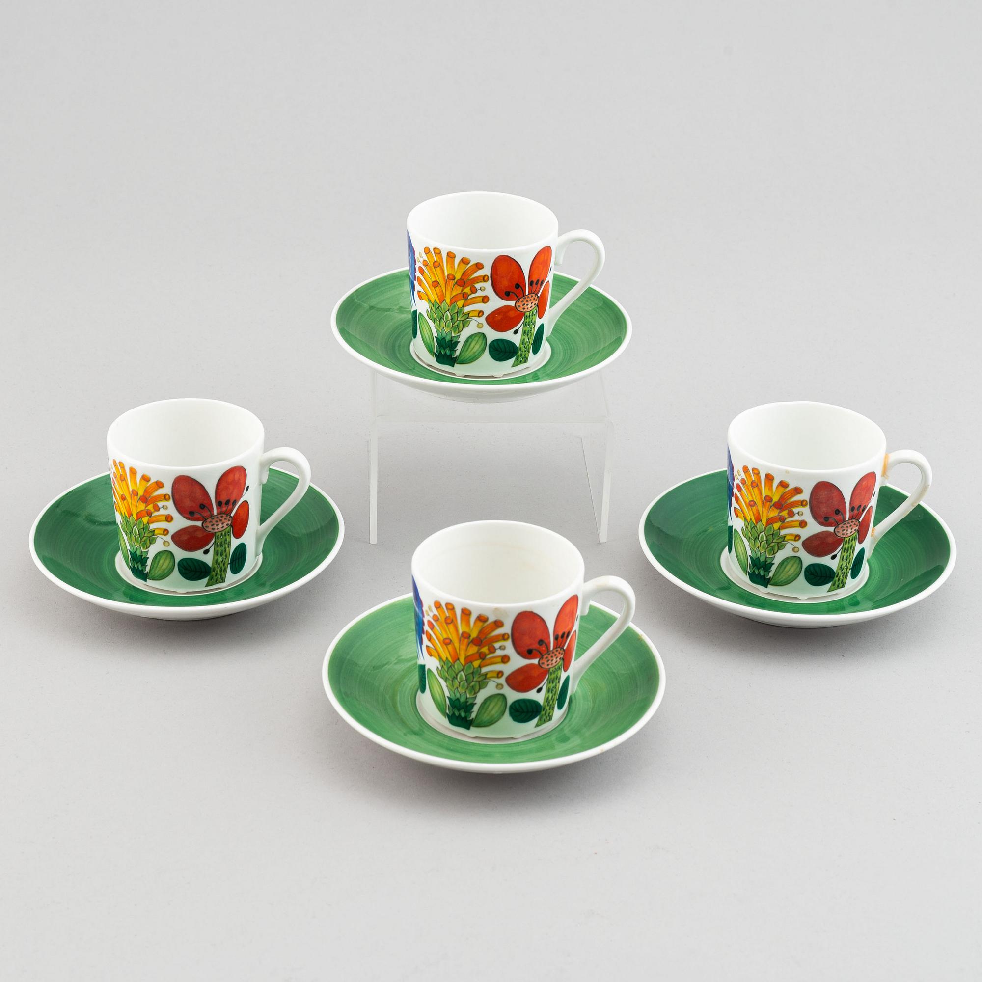 Stig Lindberg, kaffekoppar, 4 st, benporslin. "Tahiti", Gustavsberg.