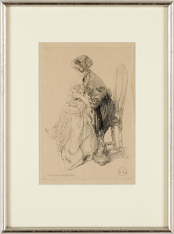 CARL LARSSON, etsningar, 2 st. En signerad i plåt.