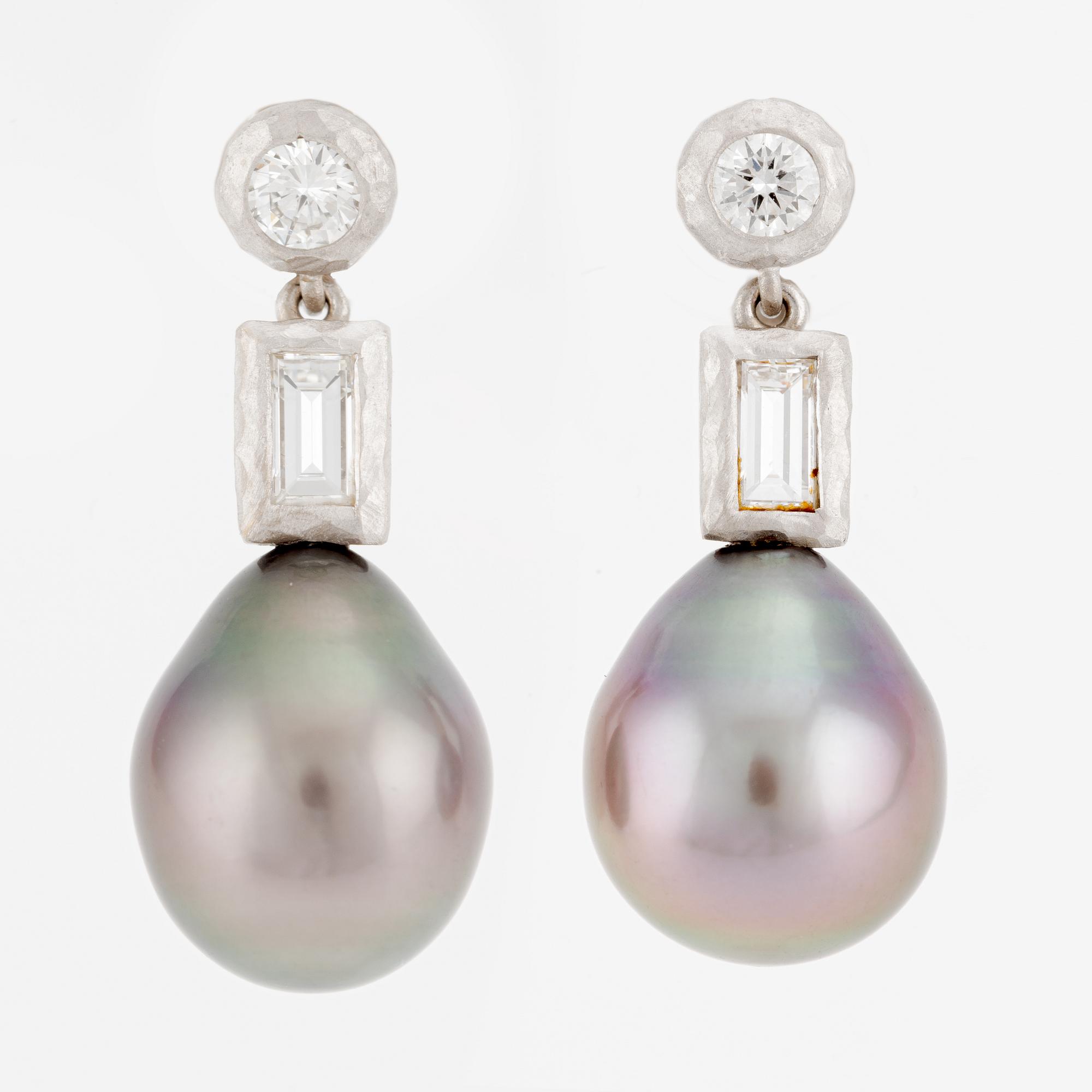 Earrings, a pair, 18K white gold with drop-shaped cultured black pearls and baguette and brilliant-cut diamonds.