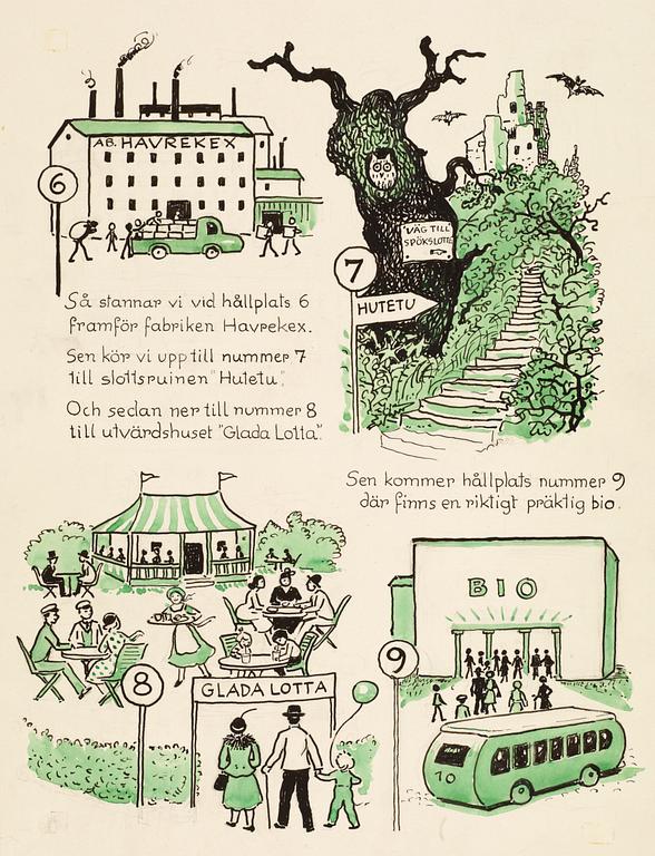 Elsa Beskow, The red bus and the green car. Illustrated children's story by Elsa Beskow.