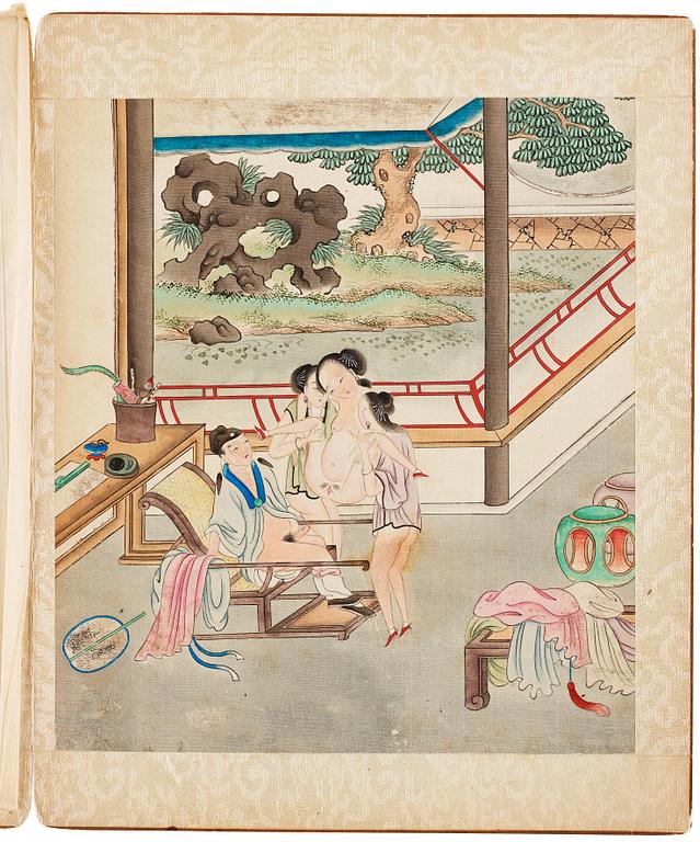 Okänd konstnär, akvarell och tusch på siden, tre stycken i bok. Qingdynastin, 1800-tal.