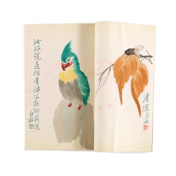 1421. BOK med TRÄSNITT, 2 volymer. 100 färgträsnitt efter målningar av bla Qi Baishi, utgiven av Rong Bao Zhai, Beijing.