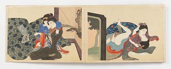 Konstnär från Utagawaskolan, Shunga album, Japan, sen Edo (1603 - 1868) eller Meiji (1868-1912). 14 målningar på siden.