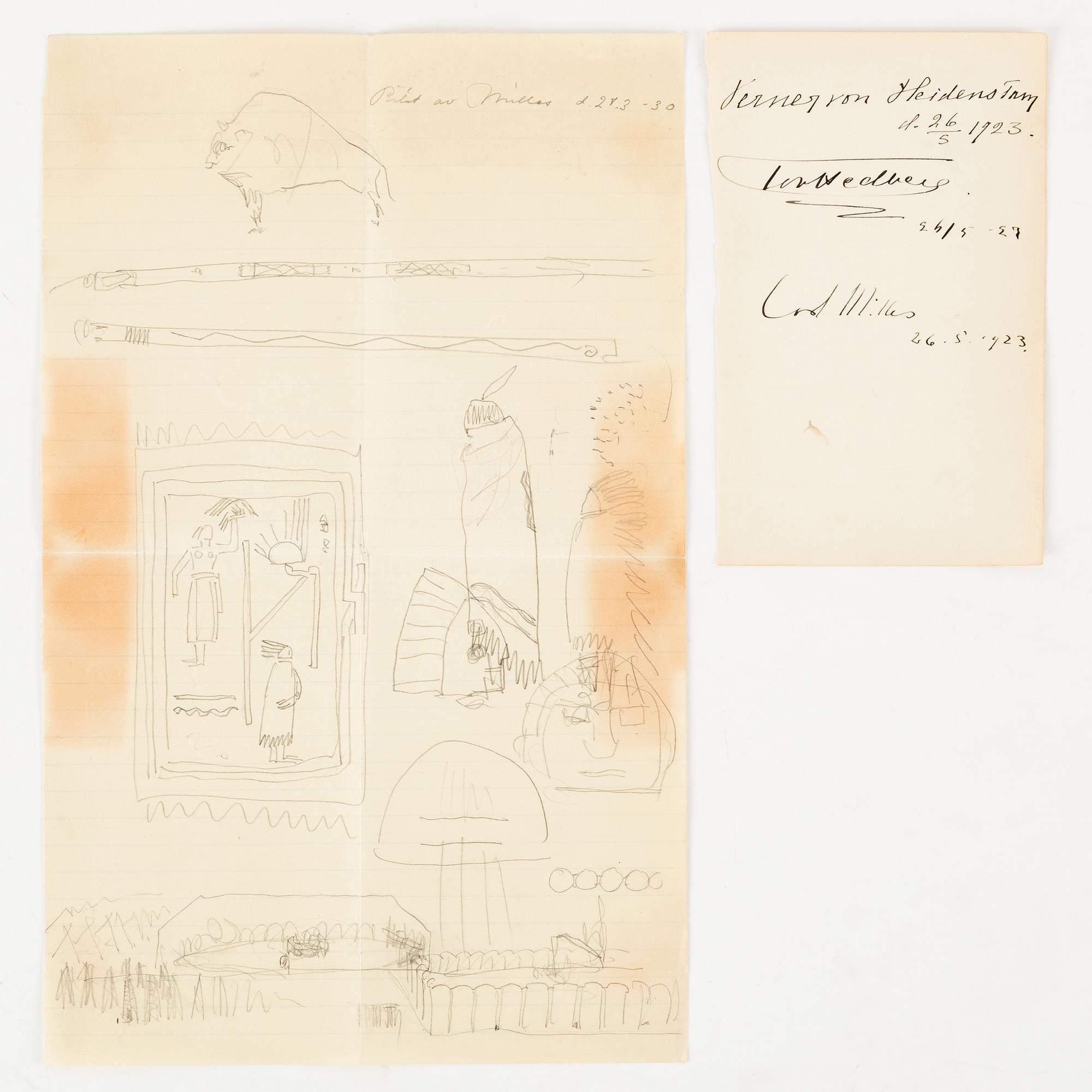 Carl Milles, drawing, pencil and autograph.