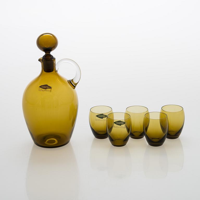 Saara Hopea, glass carafe with five liqueur glasses model 2501 for Nuutajärvi. Design year 1959.