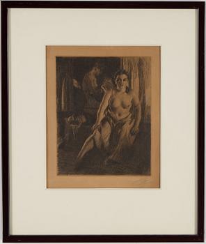 ANDERS ZORN, "By rhe Bedstool", etching, signed.