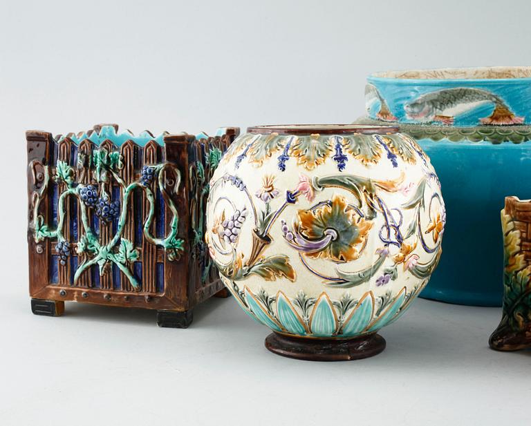 Four majolica pots, three marked Rörstrand, around year 1900.