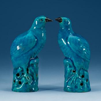 A pair of turquoise glazed figures of quails, Qing dynasty, 18th Century.