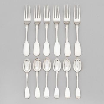 A set of silver forks and spoons, 6+6, Riga early 1900s and Saint Petersburg 1893.