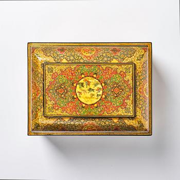 A large persian 'Safavid Revival' lacquer papier-mâché casket, Qajar dynasty.