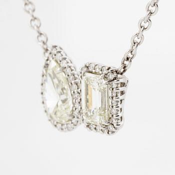 Necklace 18K white gold with pear-shaped and emerald-cut diamond accompanied by IGI and GIA report.