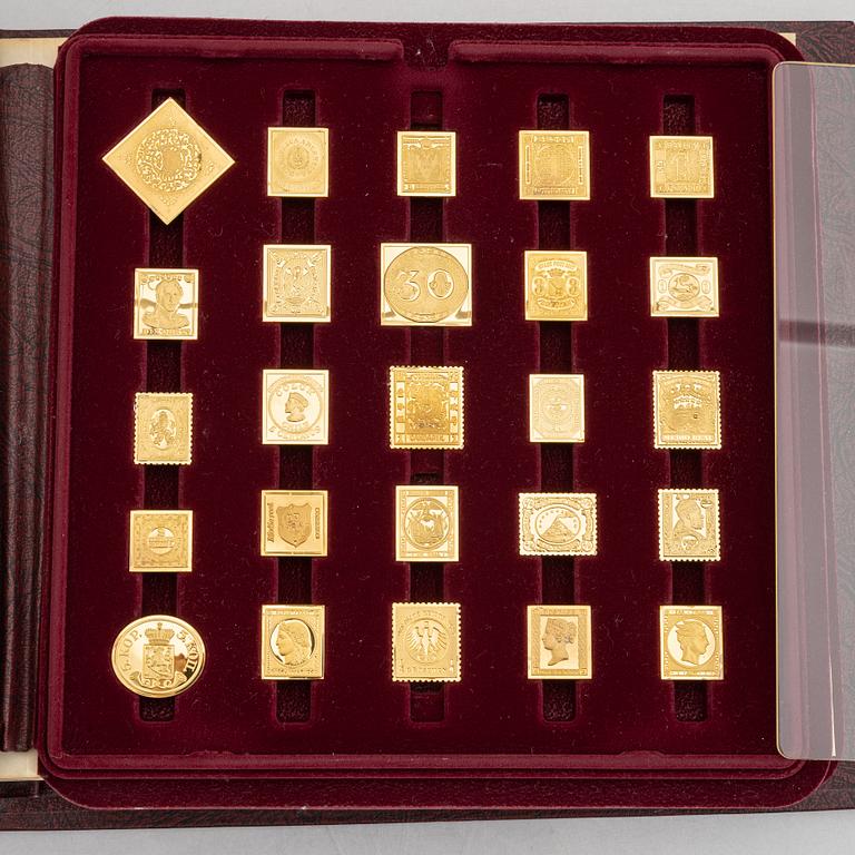 Franklin Mint, frimärksavbildningar, 73 st, förgyllt silver, "The world's first stamps", 1979.