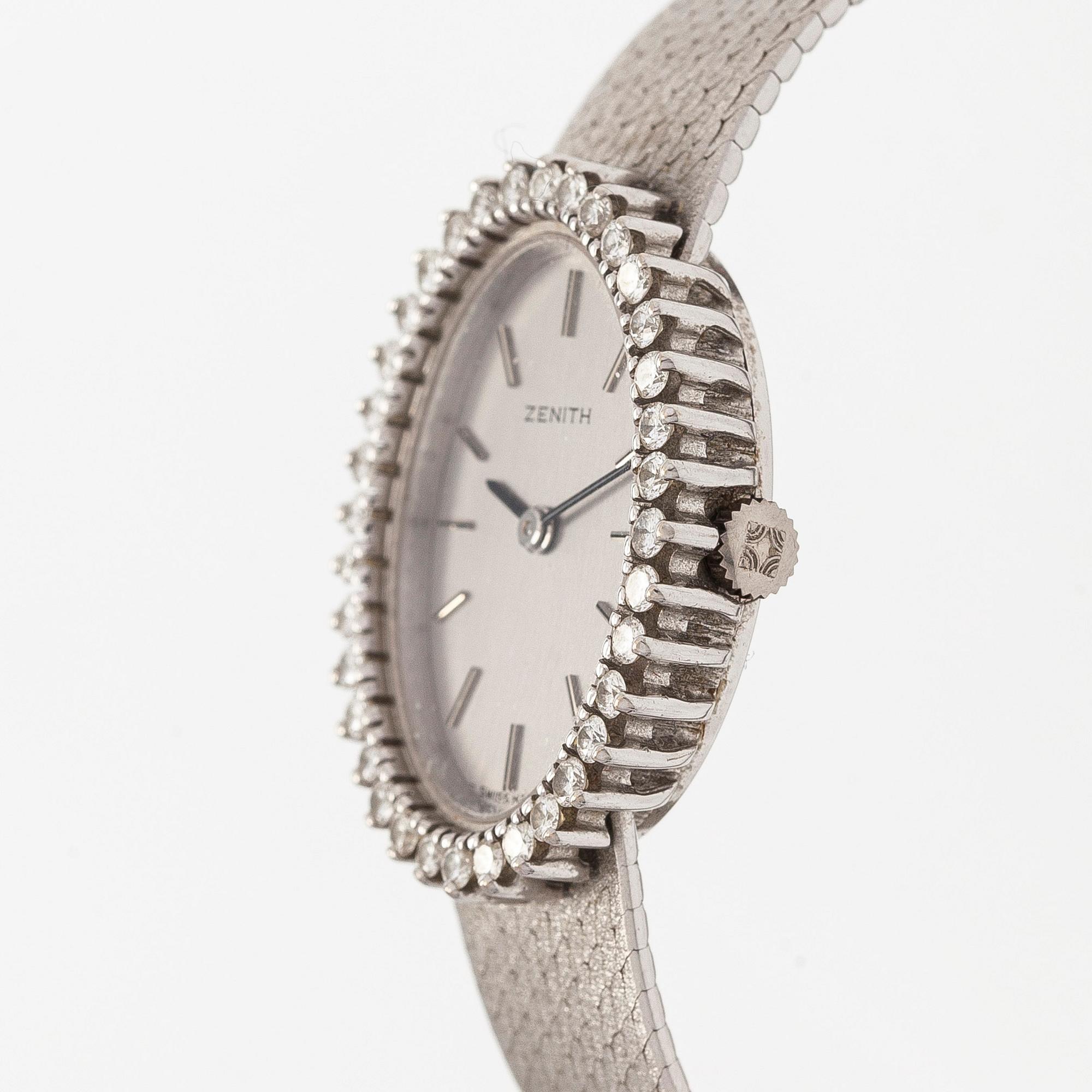 Zenith, armbandsur, 28 x 12 mm, briljantslipade diamanter, 18K vitguld, manuell, ca 1979.