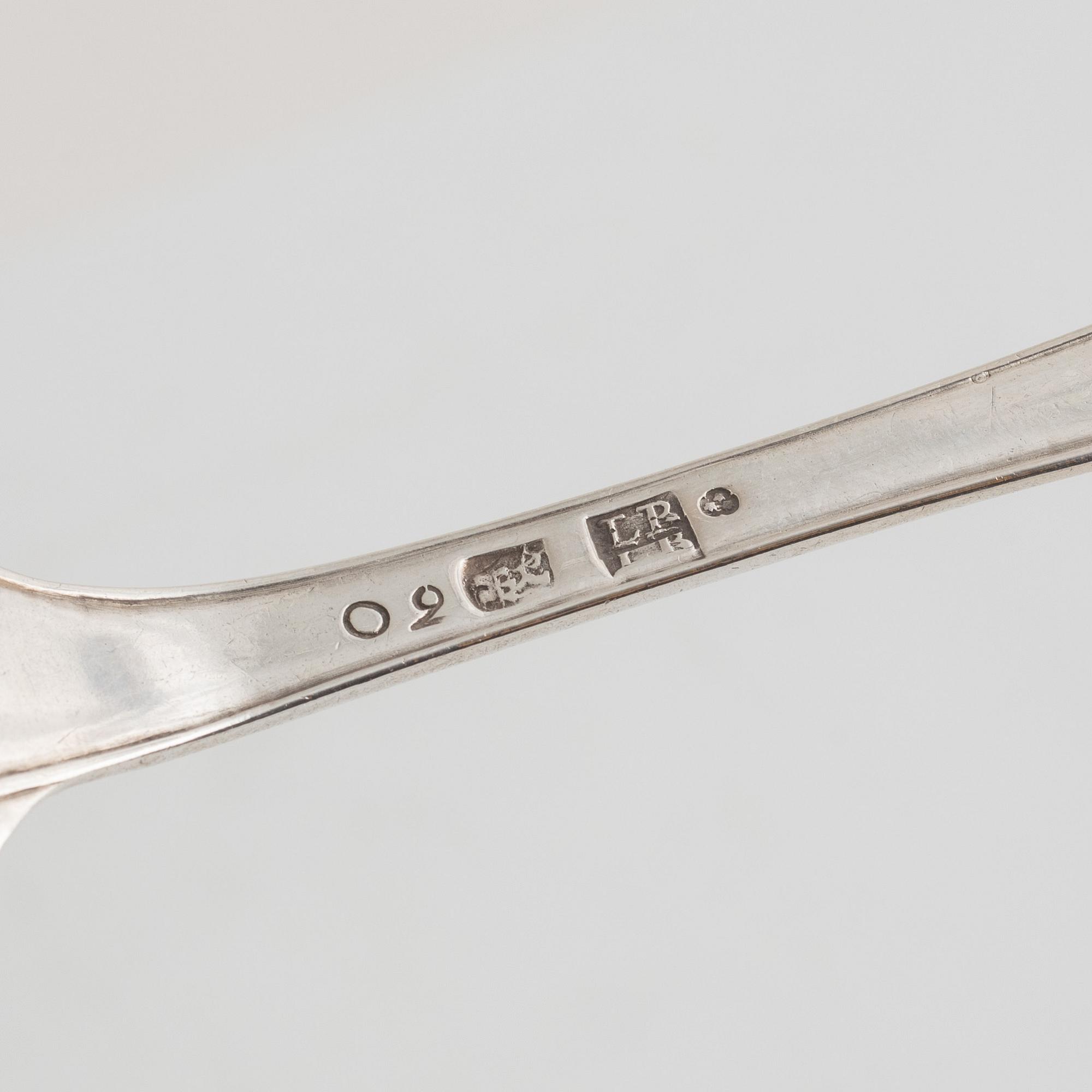 Skedar, 11 st, silver, bl.a. Gottfried Dubois, Stockholm 1743.