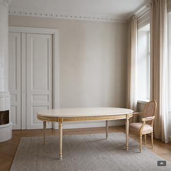 Dining table and armchair, Louis XVI style. Italy, second half of the 20th century.