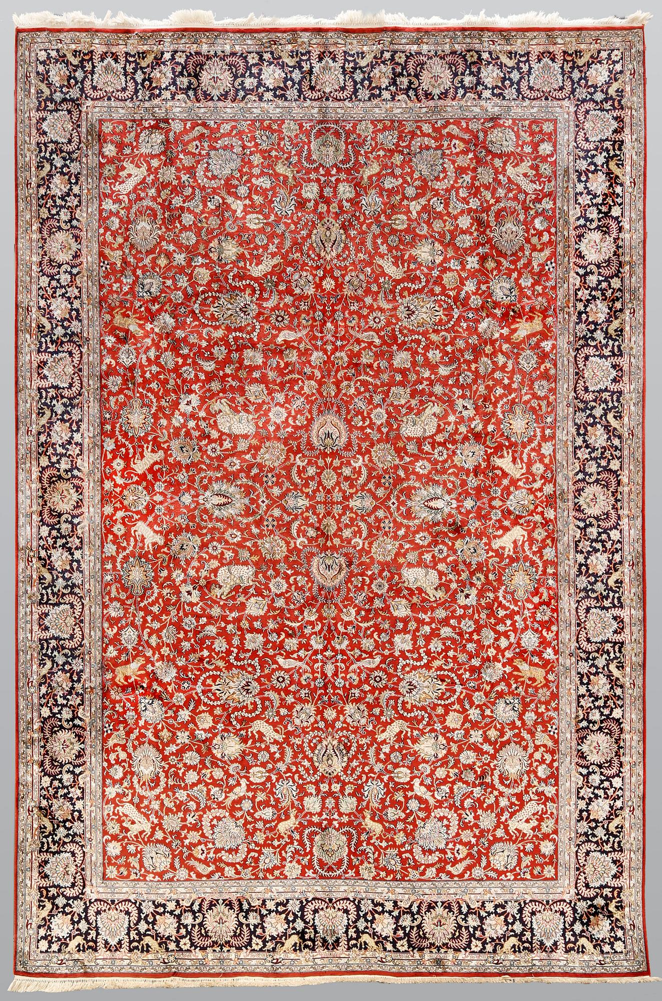 A pictoral orientalisk silk carpet, ca 284 x 180 cm.
