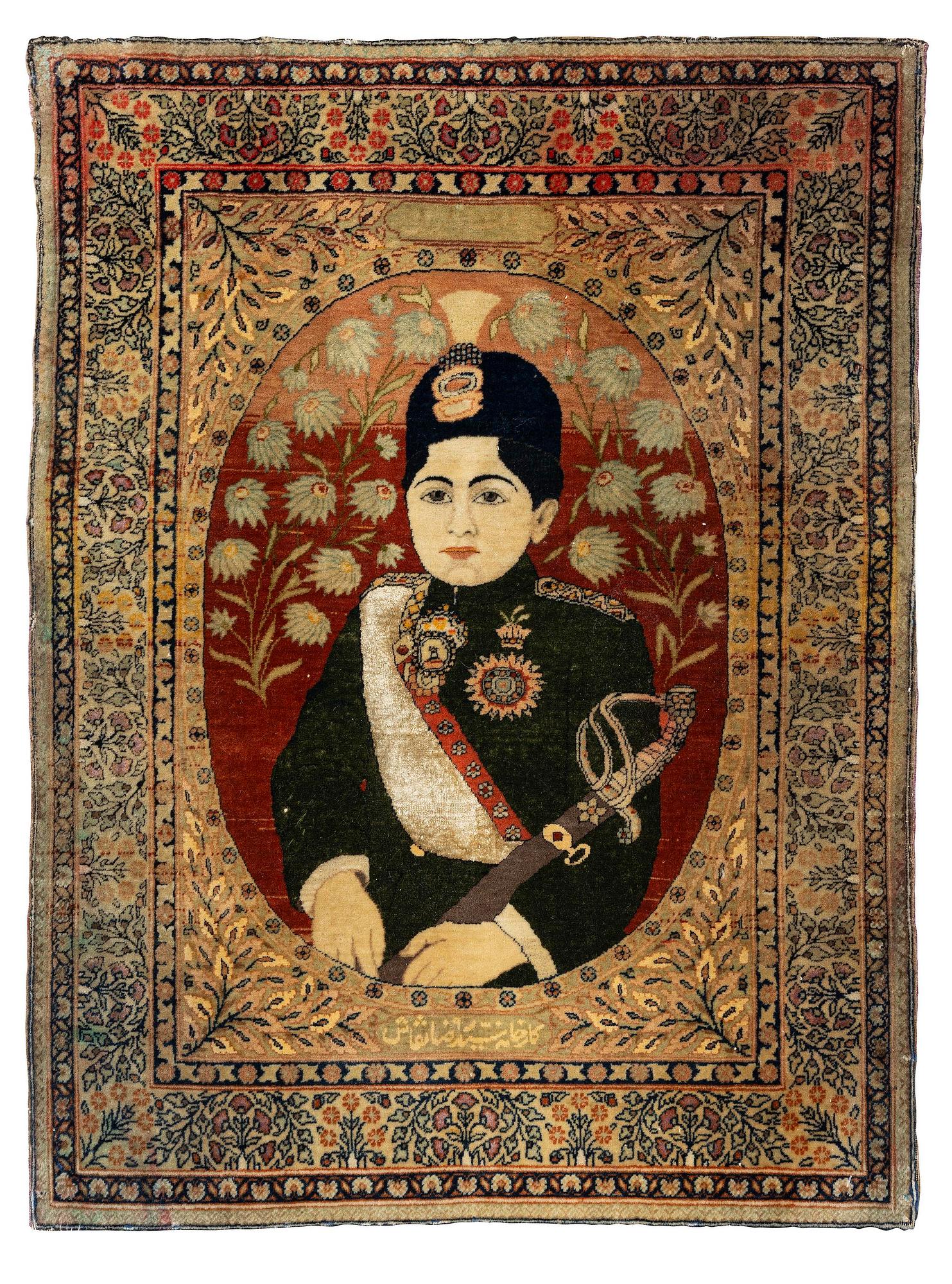 An antique pictoral, part silk Kashan 'Mohtasham' rug, Central Persia, c. 87 x 65 cm.