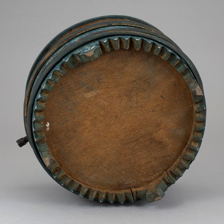 A WOODEN PORRIDGE BOWL, painted and dated 1858.