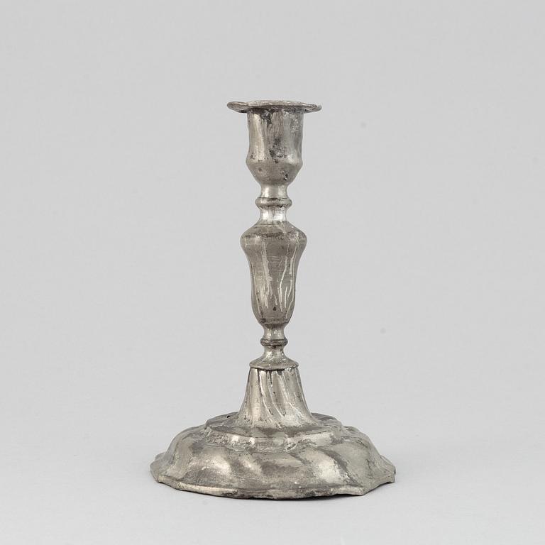 A Swedish rococo pewter candlestick by P Samuelsson Norén in Hedemora 1772.