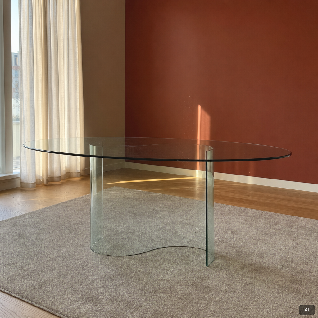 A dining table, glass, contemporary.