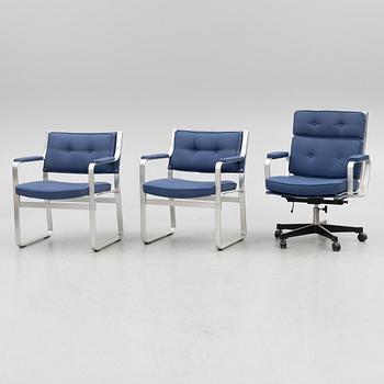 Karl Erik Ekselius, a pair of armchairs and a desk chair, 'Mondo', JOC Möbler, second half of the 20th Century.