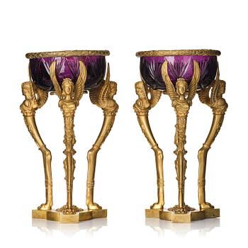 177. A pair of presumably Russian Empire-style amethyst glass and gilt bronze centerpieces, late 19th century.