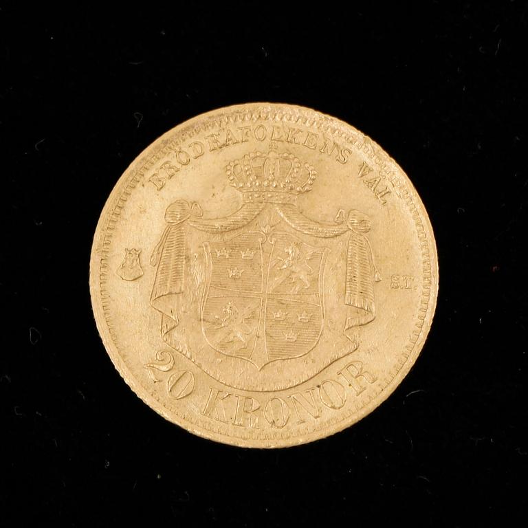 GULDMYNT, 20 Kronor, Oscar II, Sverige-Norge 1875. Vikt ca 8 gram.