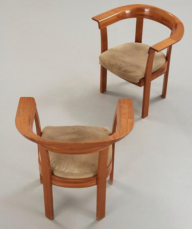 HI-GRUPPEN, a set of four  mahogany and beige suede armchairs, Stockholm 1971.