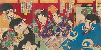 Toyohara Kunichika, triptych, woodcut, Japan.