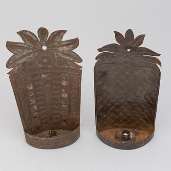 TWO WALL LIGHTS, tin plate, ca 1900.